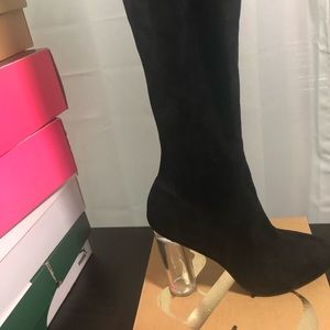 Black knee high clear heel suede boots